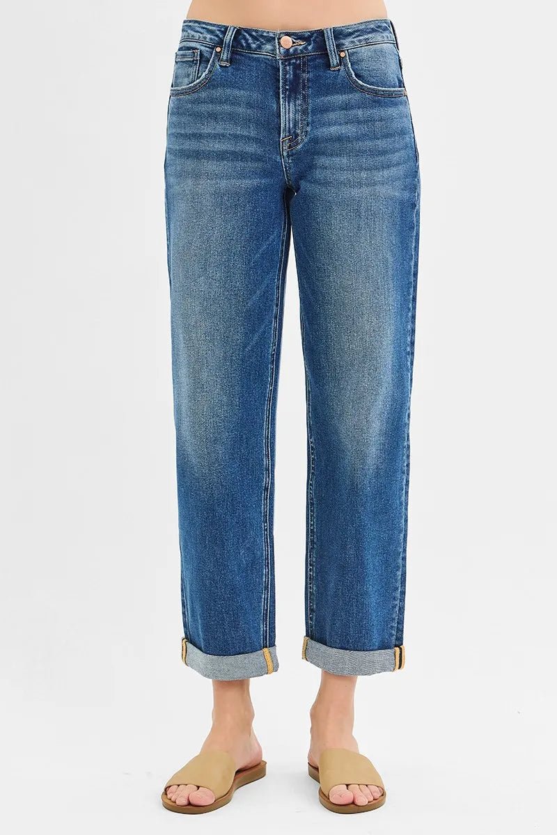 RISEN - Medium Wash Cuffed Straight Leg Jeans