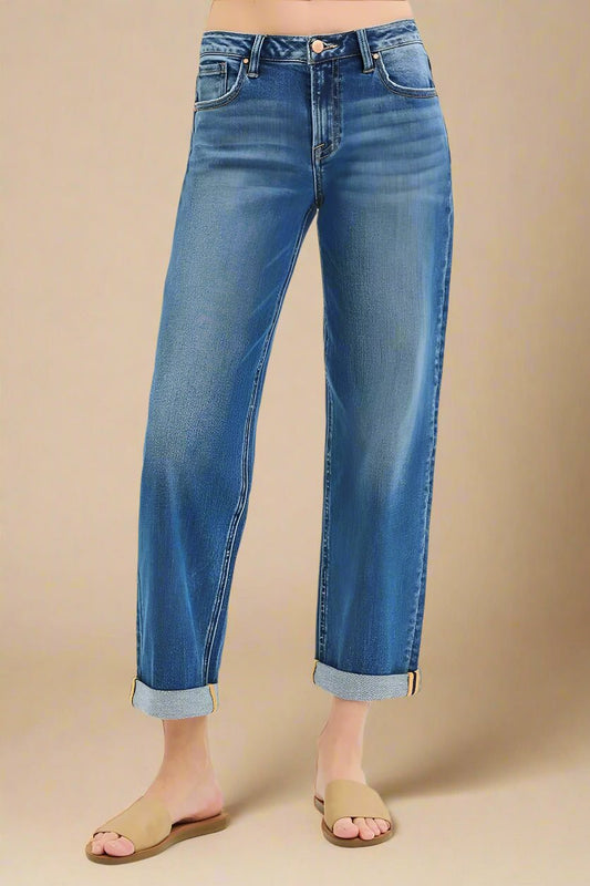 RISEN - Medium Wash Cuffed Straight Leg Jeans