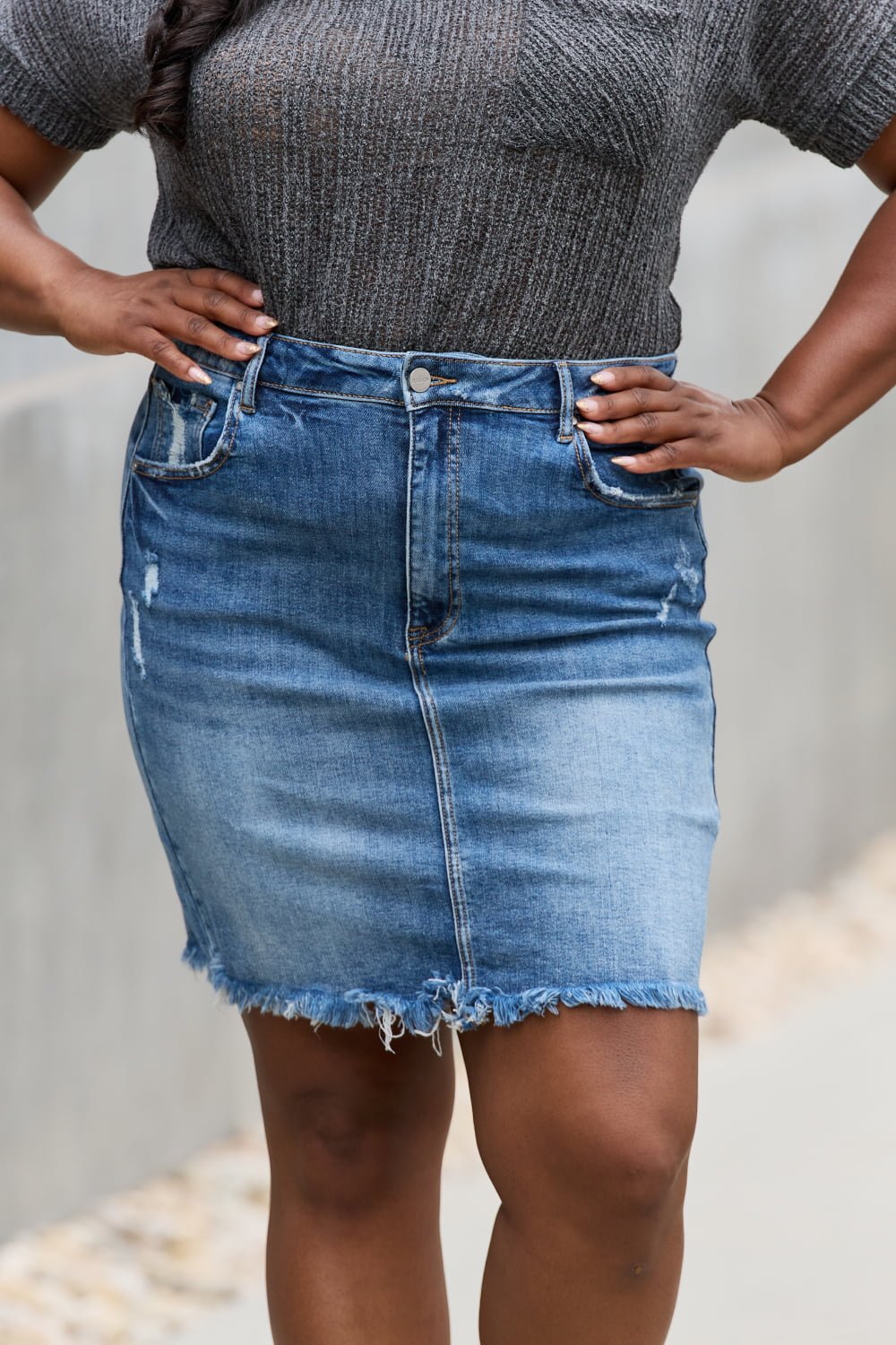 RISEN - Medium Wash Denim Mini Skirt