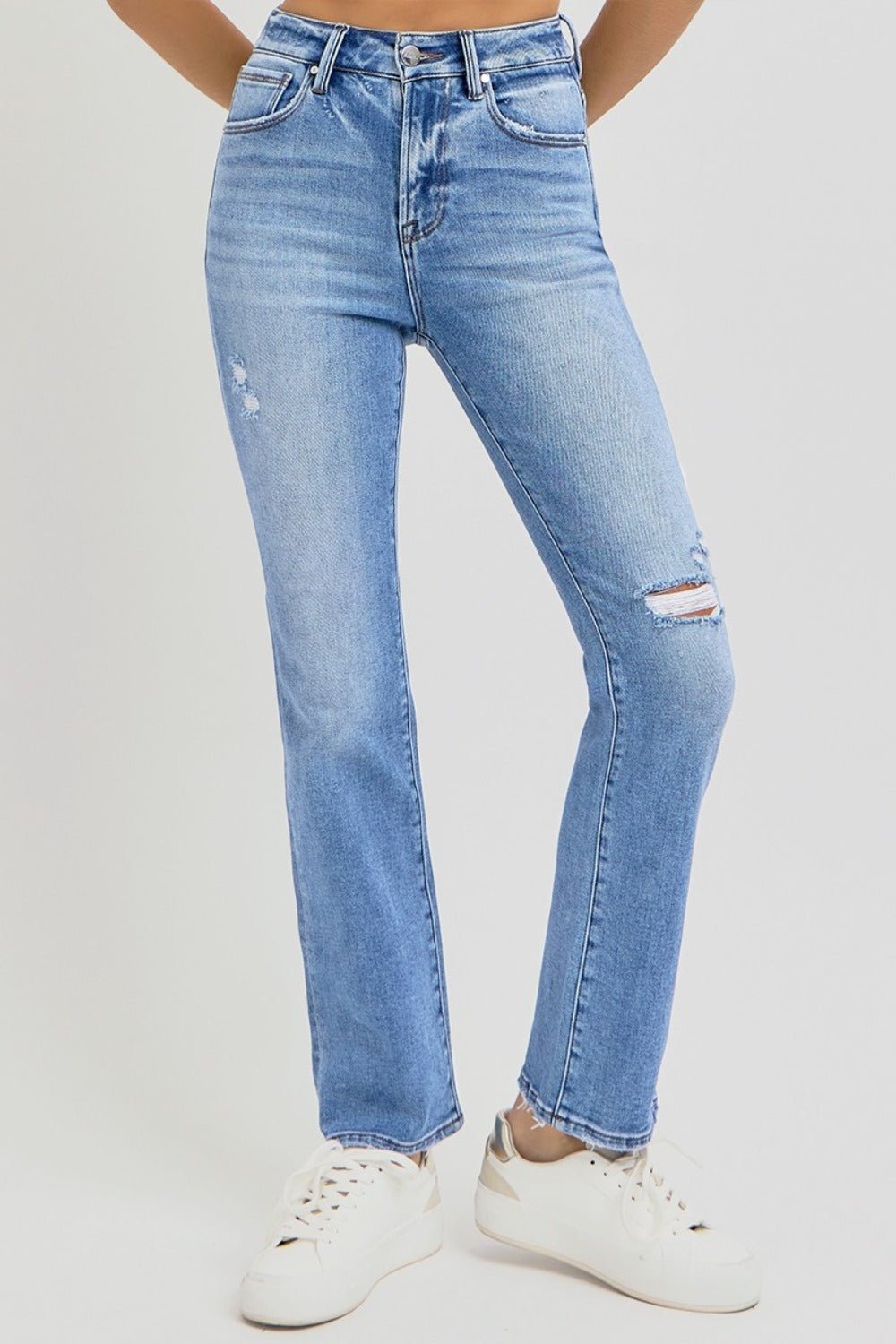 RISEN - Medium Wash Distressed High - Rise Ankle Straight Leg Jeans