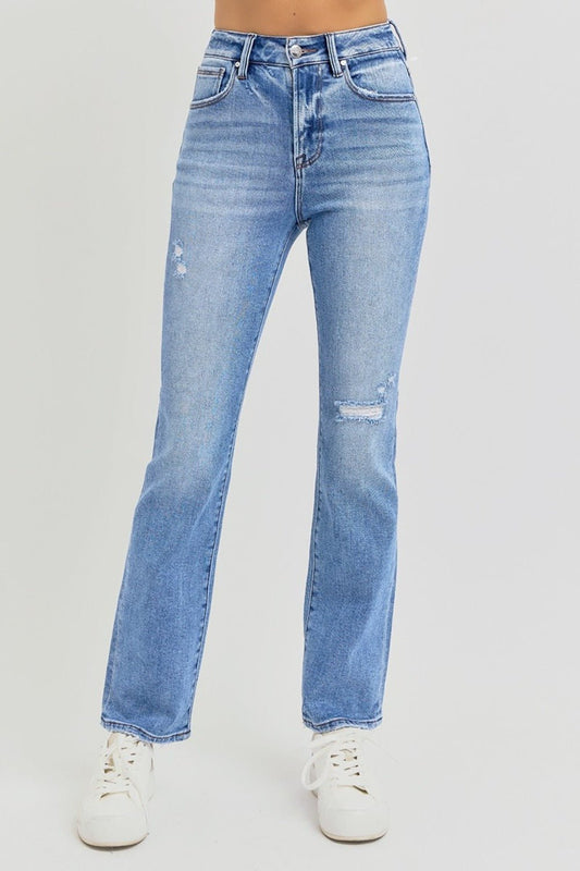 RISEN - Medium Wash Distressed High - Rise Ankle Straight Leg Jeans