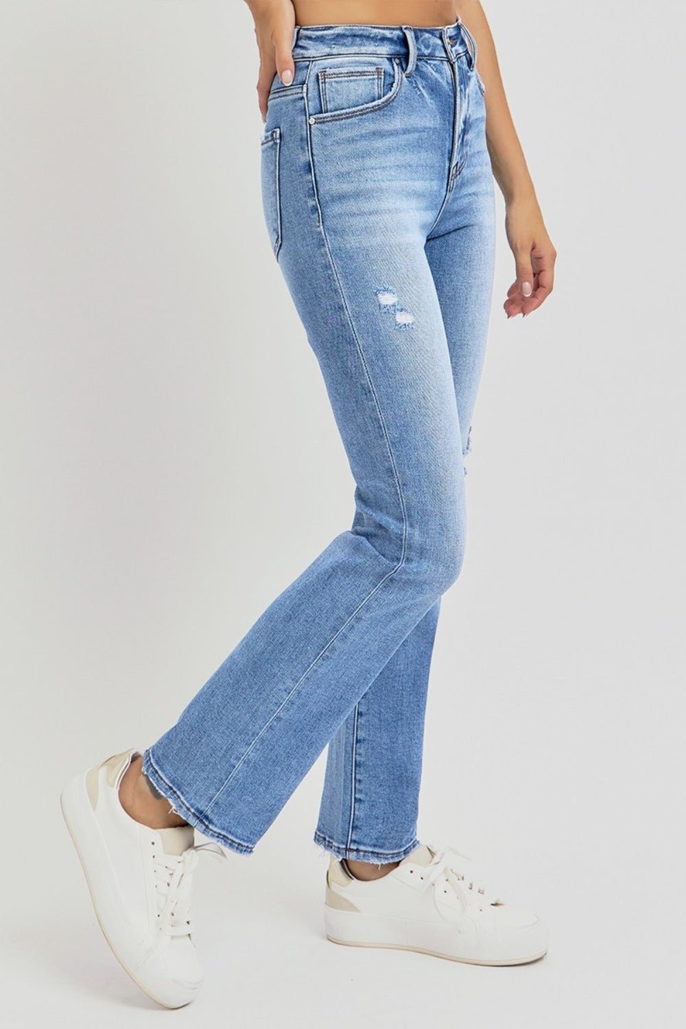 RISEN - Medium Wash Distressed High - Rise Ankle Straight Leg Jeans