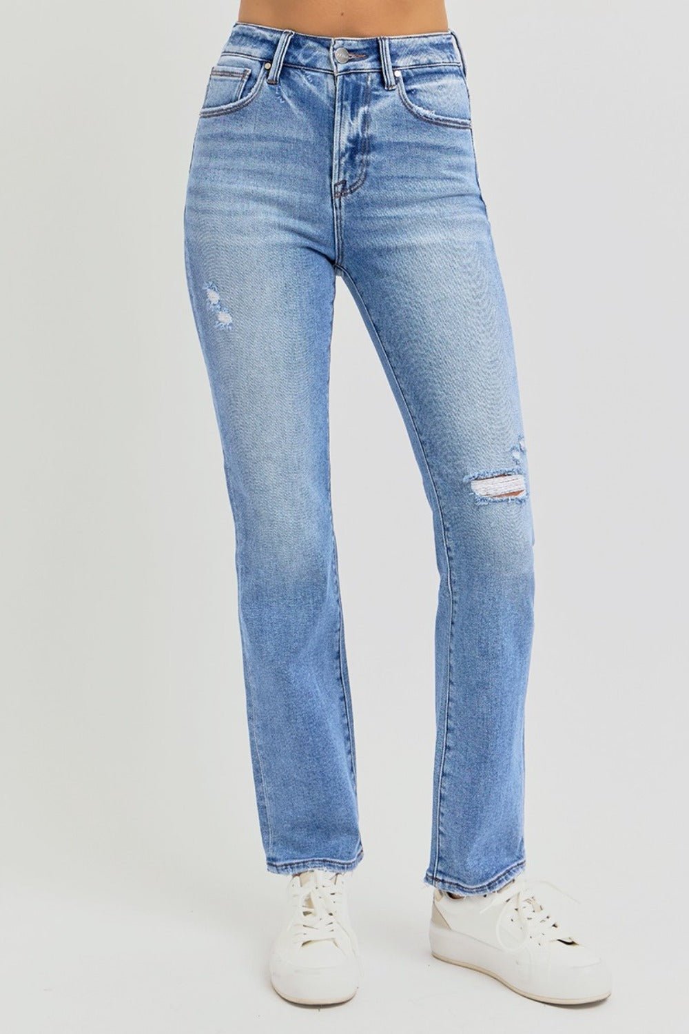 RISEN - Medium Wash Distressed High - Rise Ankle Straight Leg Jeans