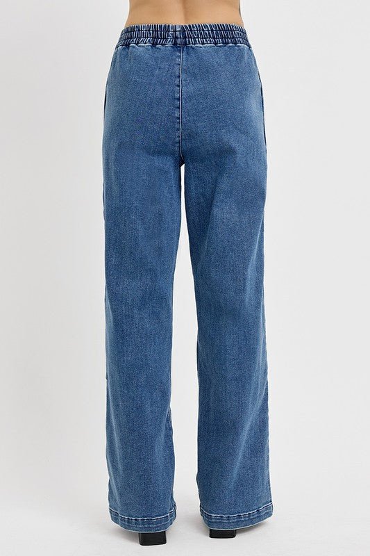 RISEN - Medium Wash Elastic Waist Wide Leg Jeans