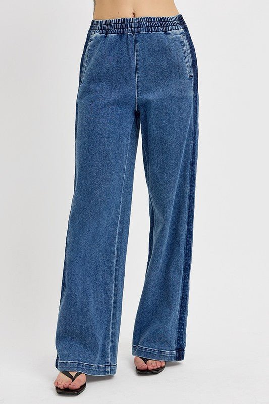 RISEN - Medium Wash Elastic Waist Wide Leg Jeans