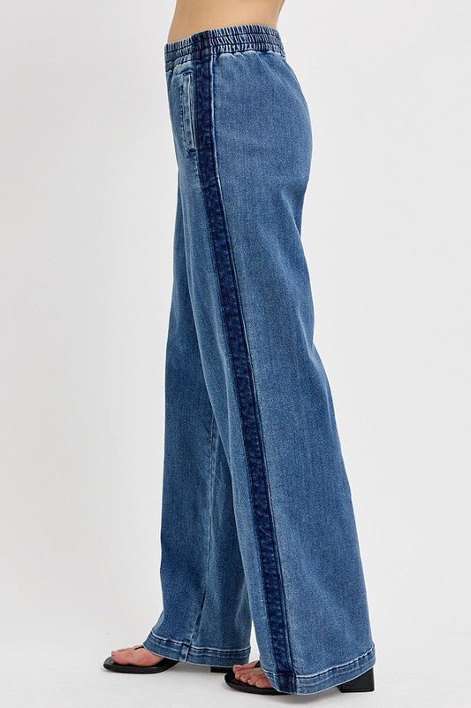 RISEN - Medium Wash Elastic Waist Wide Leg Jeans