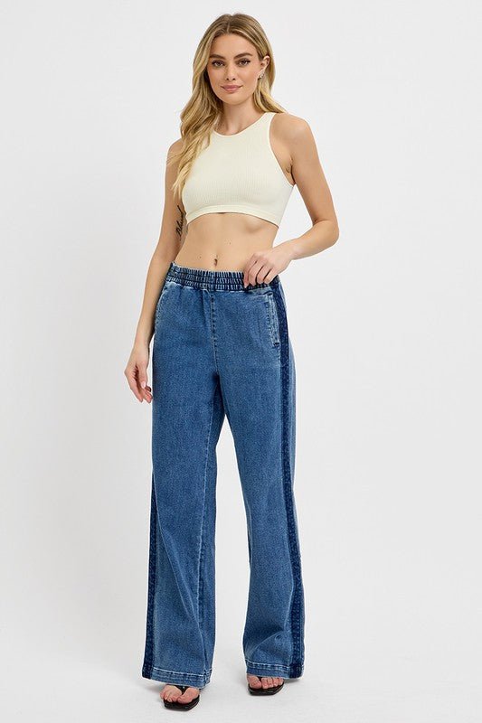 RISEN - Medium Wash Elastic Waist Wide Leg Jeans