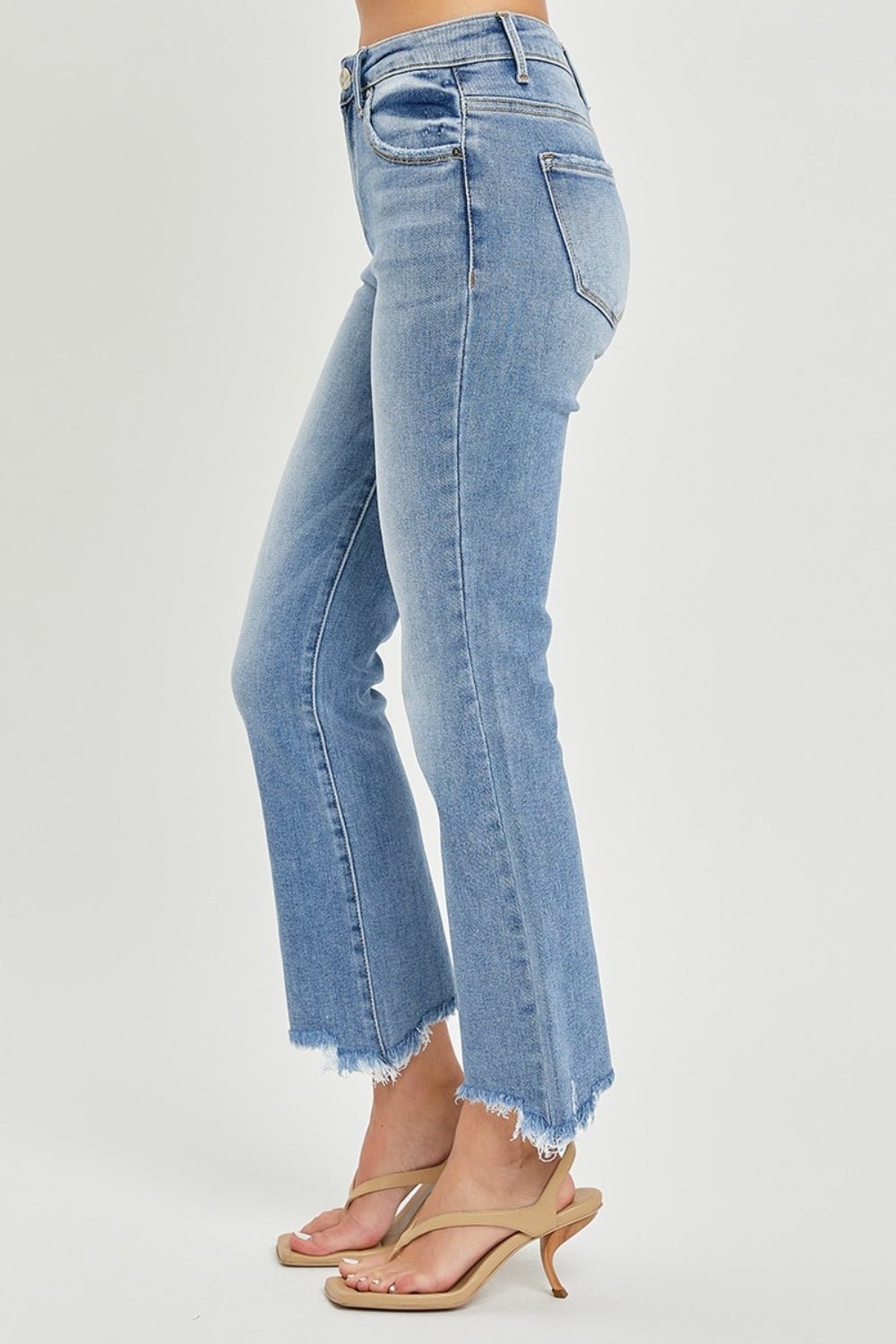 RISEN - Medium Wash Frayed Hem Cropped Straight Leg Jeans