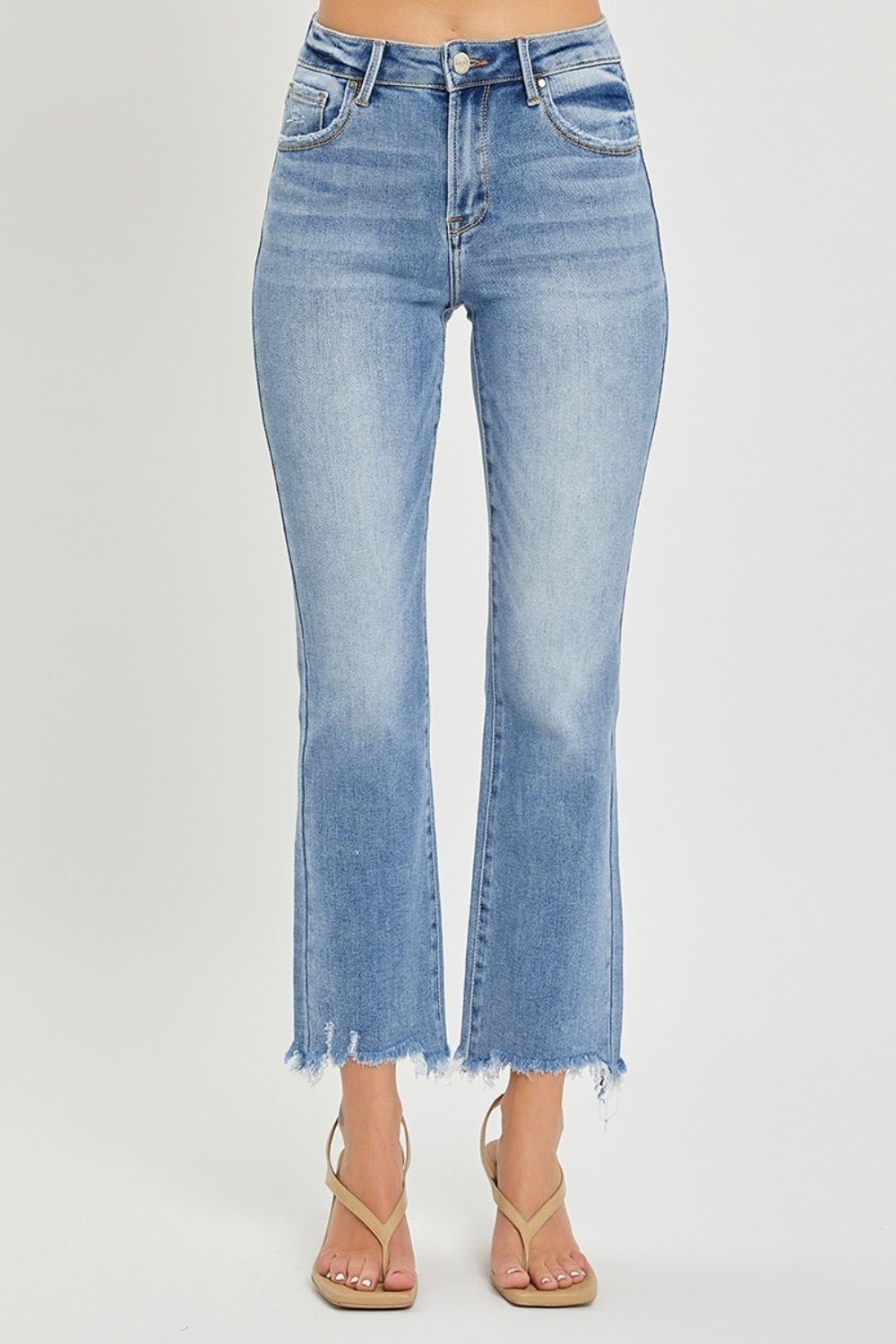 RISEN - Medium Wash Frayed Hem Cropped Straight Leg Jeans