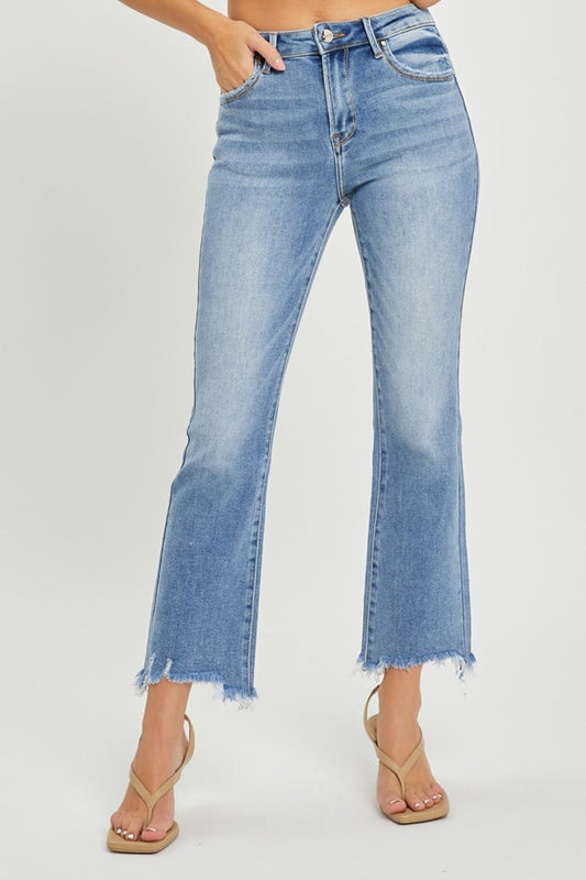 RISEN - Medium Wash Frayed Hem Cropped Straight Leg Jeans