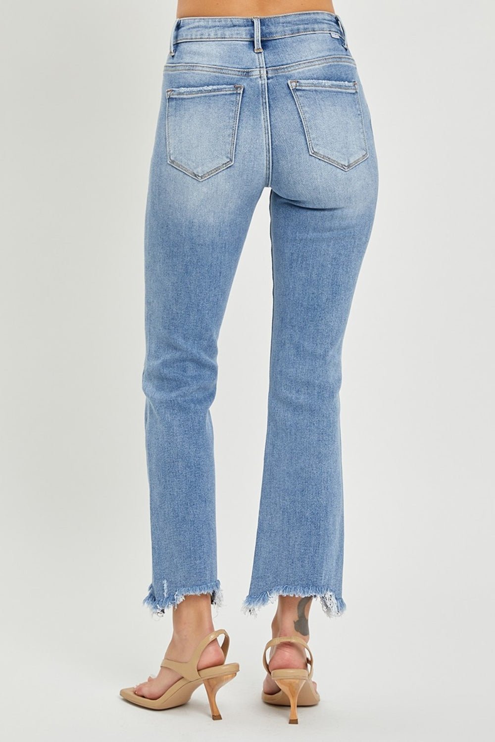 RISEN - Medium Wash Frayed Hem Cropped Straight Leg Jeans