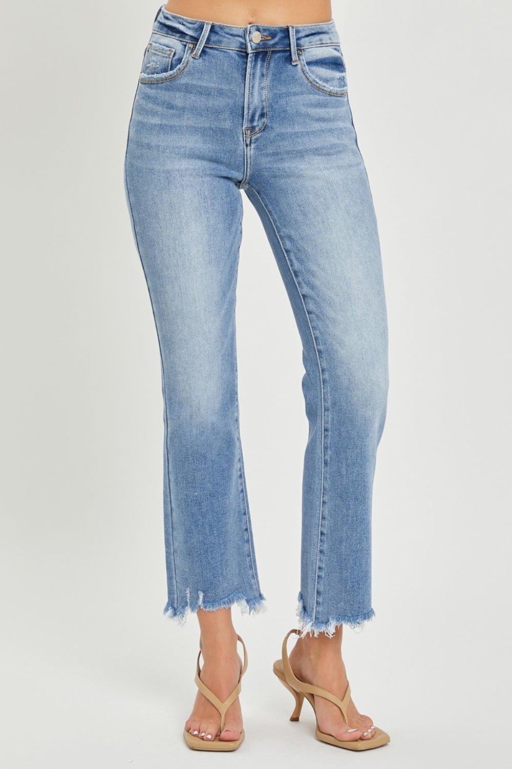 RISEN - Medium Wash Frayed Hem Cropped Straight Leg Jeans