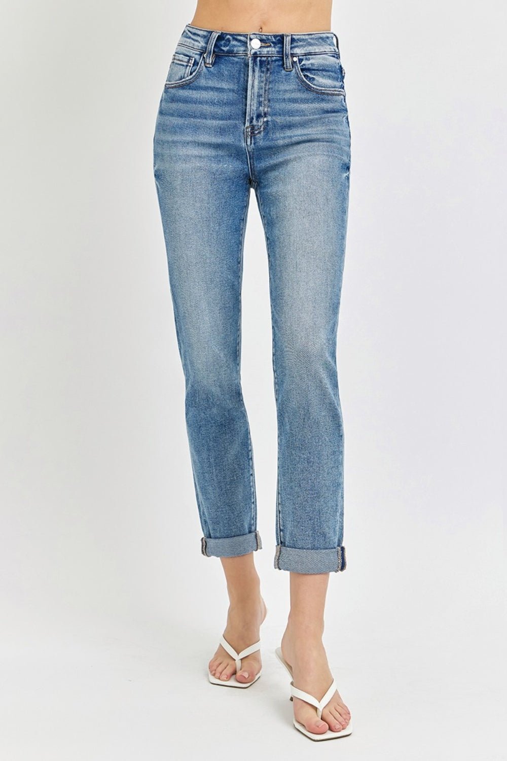 RISEN - Medium Wash High Rise Cropped Roll Up Jeans