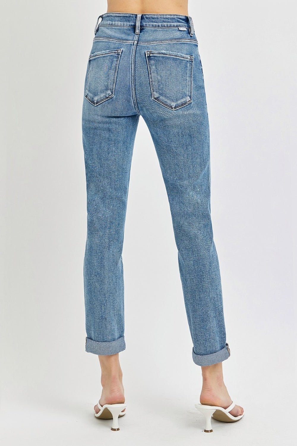 RISEN - Medium Wash High Rise Cropped Roll Up Jeans