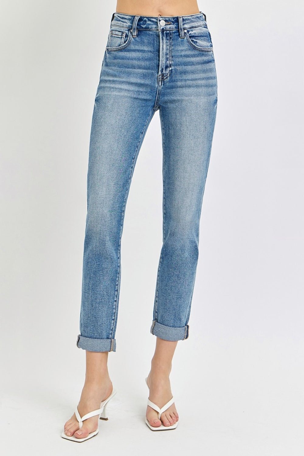 RISEN - Medium Wash High Rise Cropped Roll Up Jeans