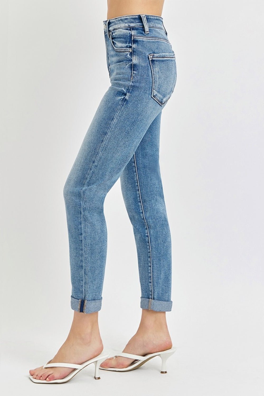 RISEN - Medium Wash High Rise Cropped Roll Up Jeans