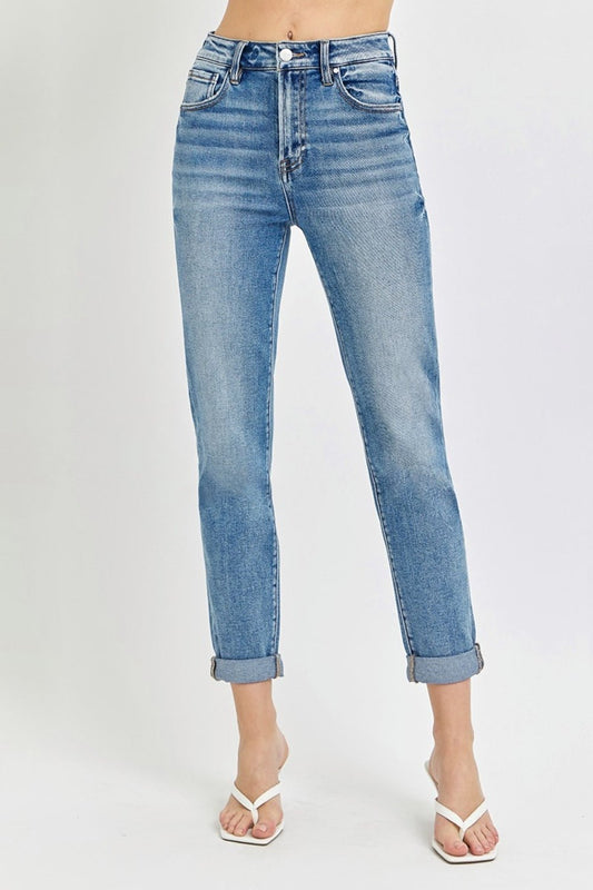 RISEN - Medium Wash High Rise Cropped Roll Up Jeans