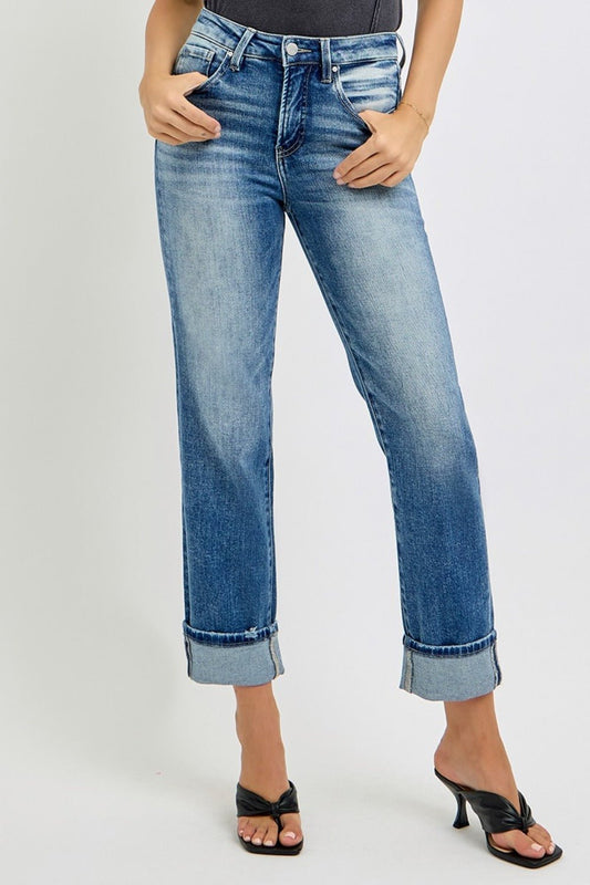 RISEN - Medium Wash High Rise Cuffed Jeans