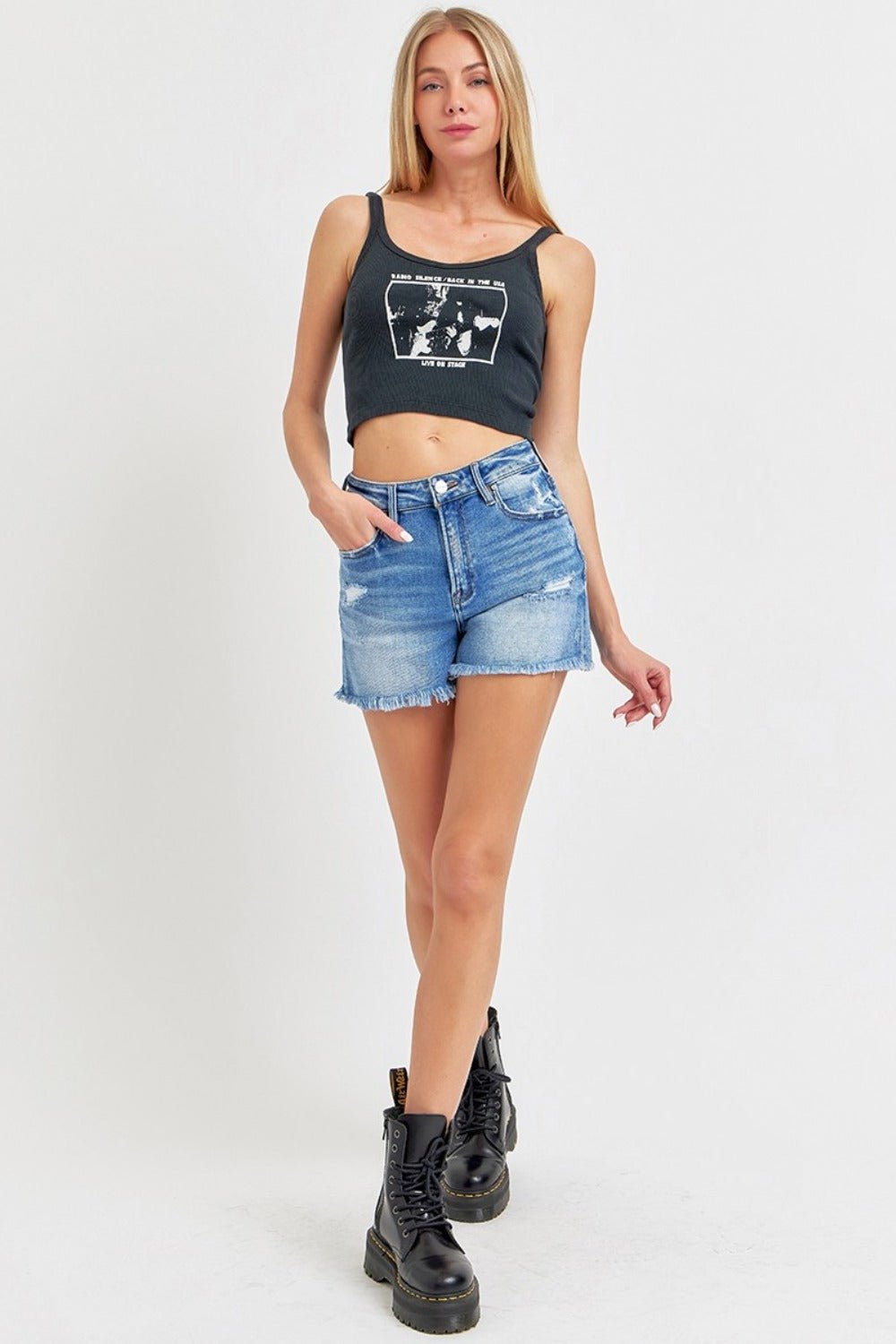 RISEN - Medium Wash High Rise Distressed Raw Hem Denim Shorts