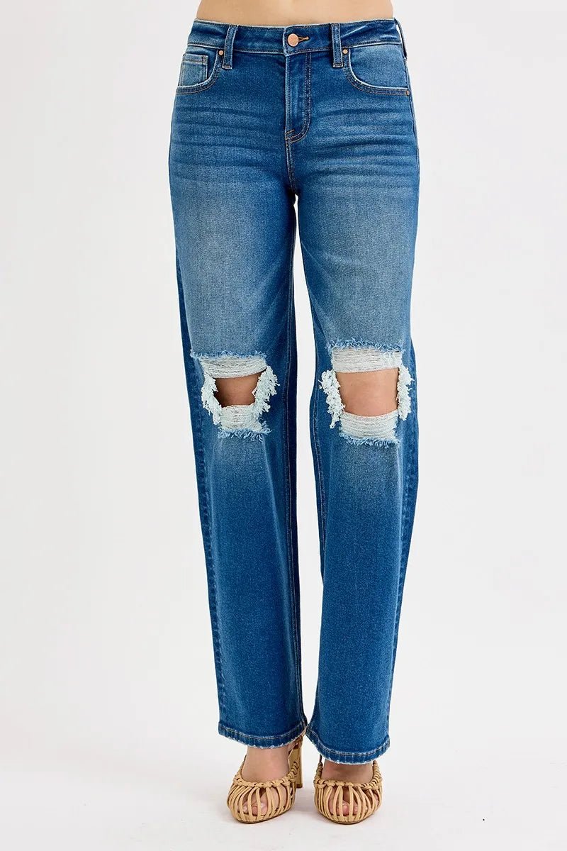 RISEN - Medium Wash High Rise Straight Leg Jeans with Distressed Knees