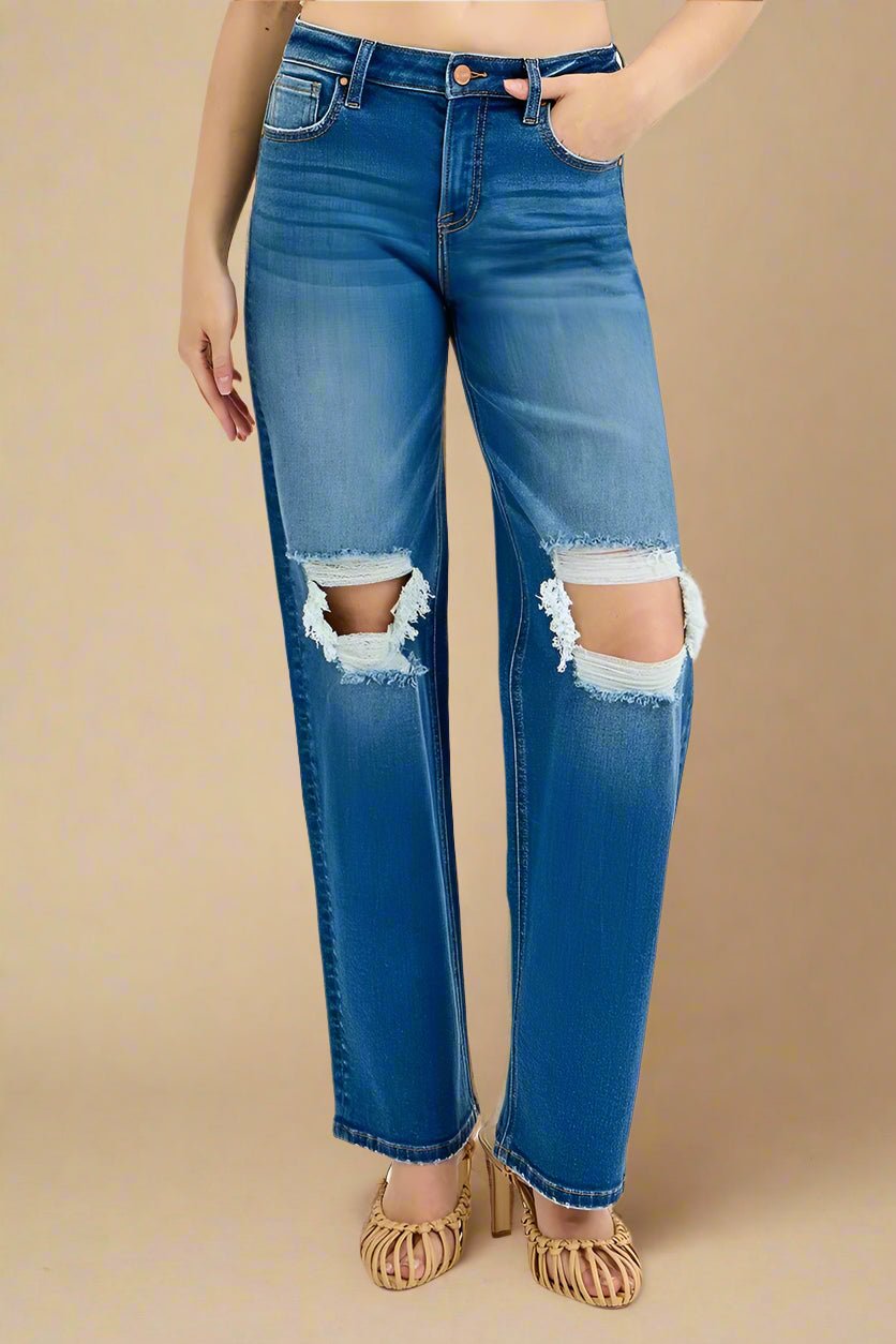 RISEN - Medium Wash High Rise Straight Leg Jeans with Distressed Knees