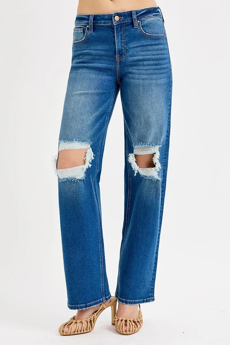RISEN - Medium Wash High Rise Straight Leg Jeans with Distressed Knees