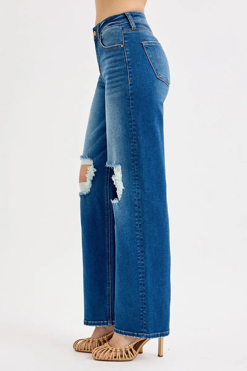RISEN - Medium Wash High Rise Straight Leg Jeans with Distressed Knees