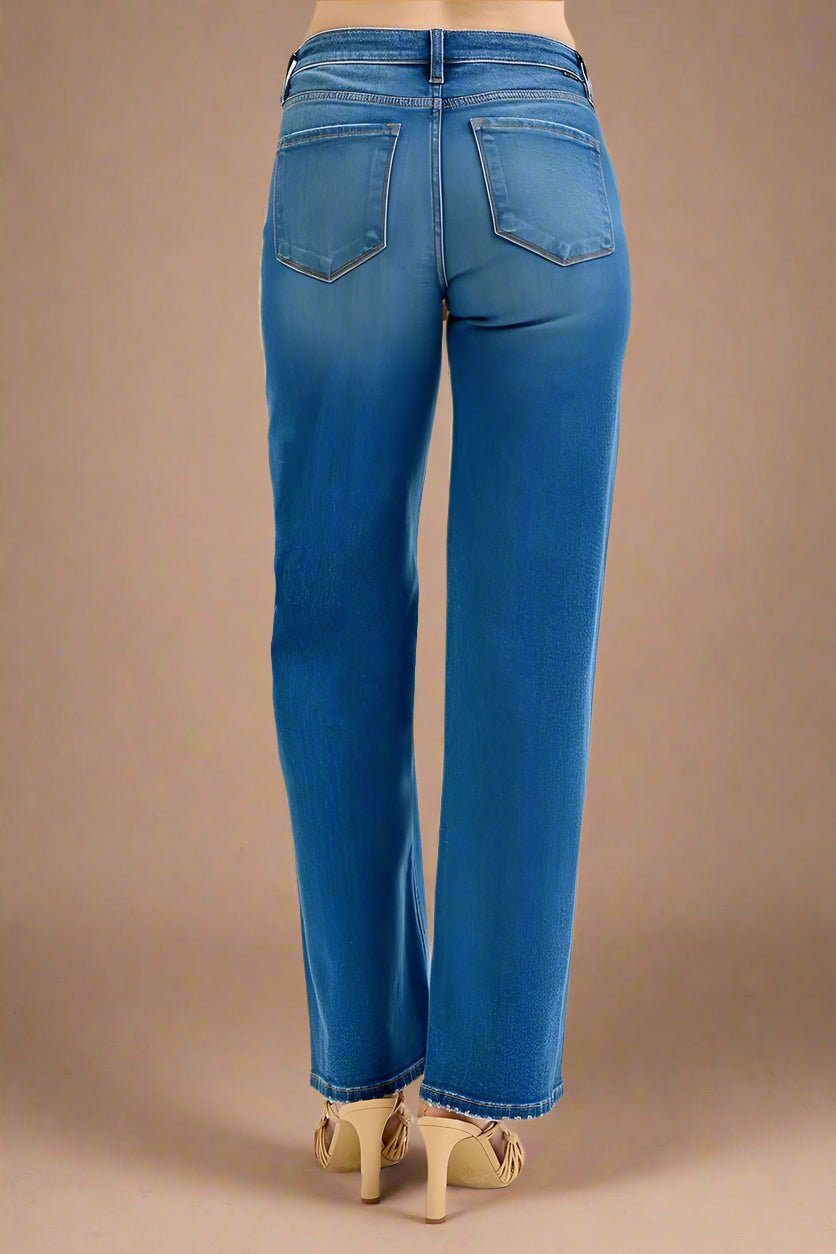 RISEN - Medium Wash High Rise Straight Leg Jeans with Distressed Knees