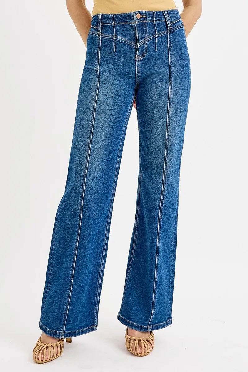 RISEN - Medium Wash High Rise Wide Leg Jeans with Front Seams