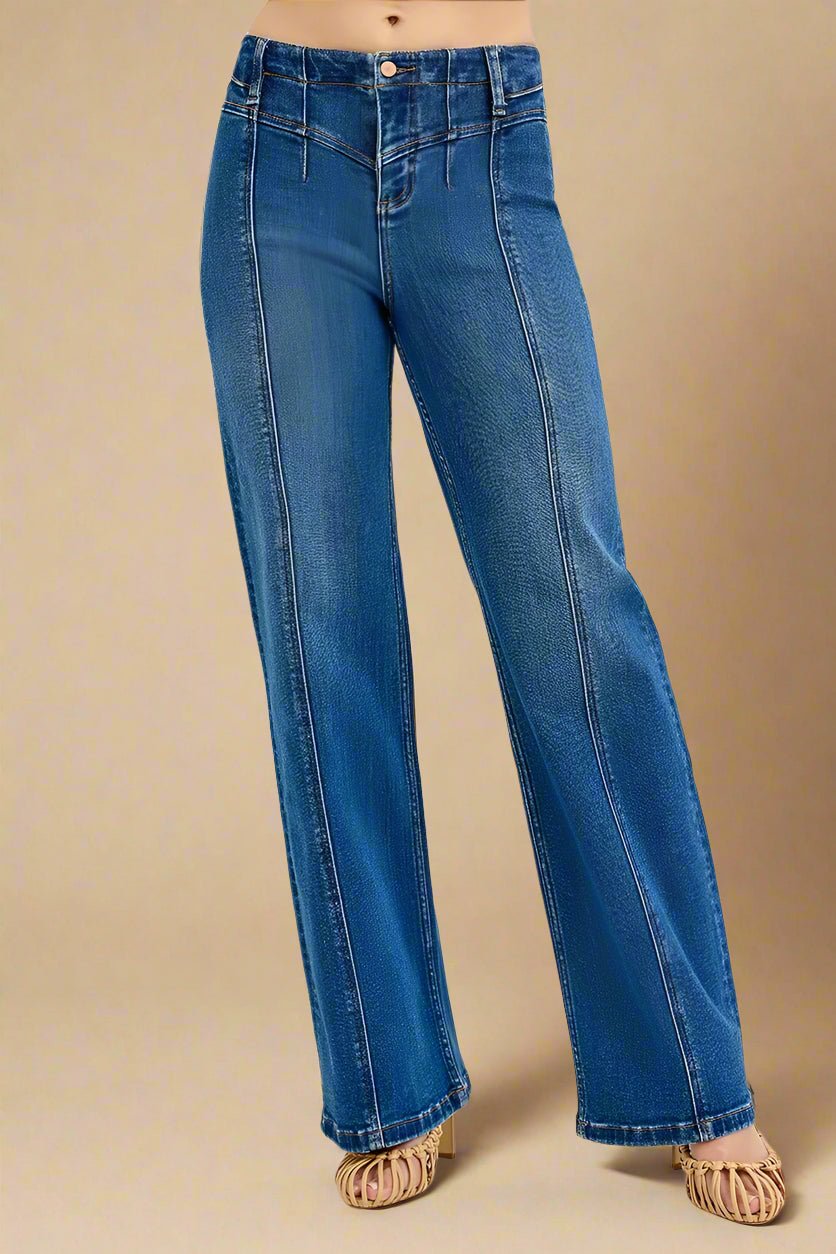 RISEN - Medium Wash High Rise Wide Leg Jeans with Front Seams
