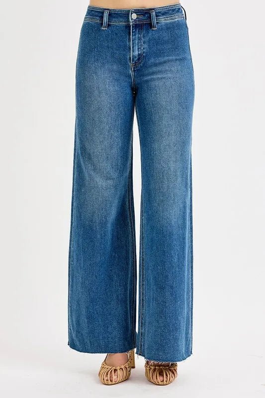 RISEN - Medium Wash High Rise Wide Leg Jeans with Raw Hem