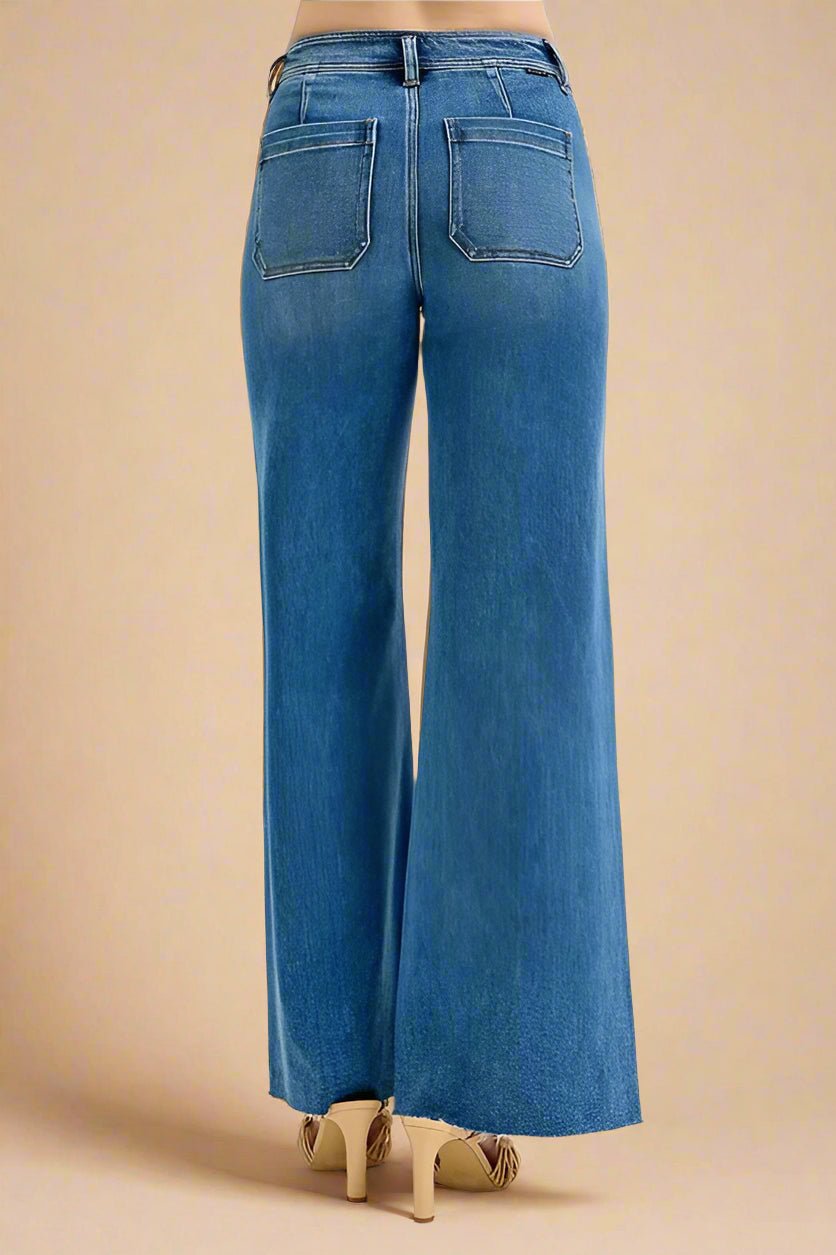 RISEN - Medium Wash High Rise Wide Leg Jeans with Raw Hem