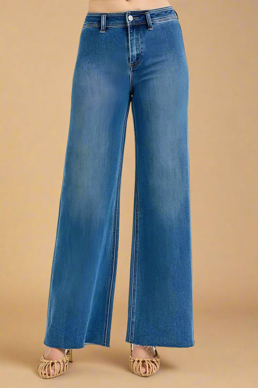 RISEN - Medium Wash High Rise Wide Leg Jeans with Raw Hem