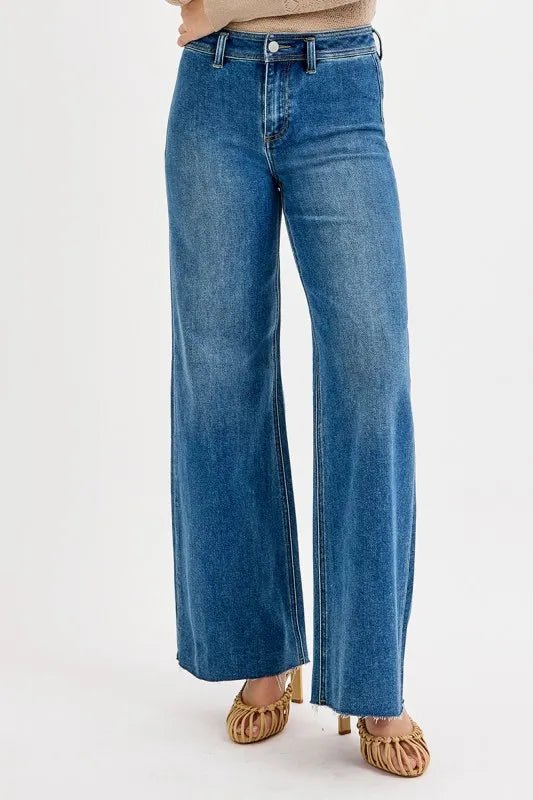 RISEN - Medium Wash High Rise Wide Leg Jeans with Raw Hem