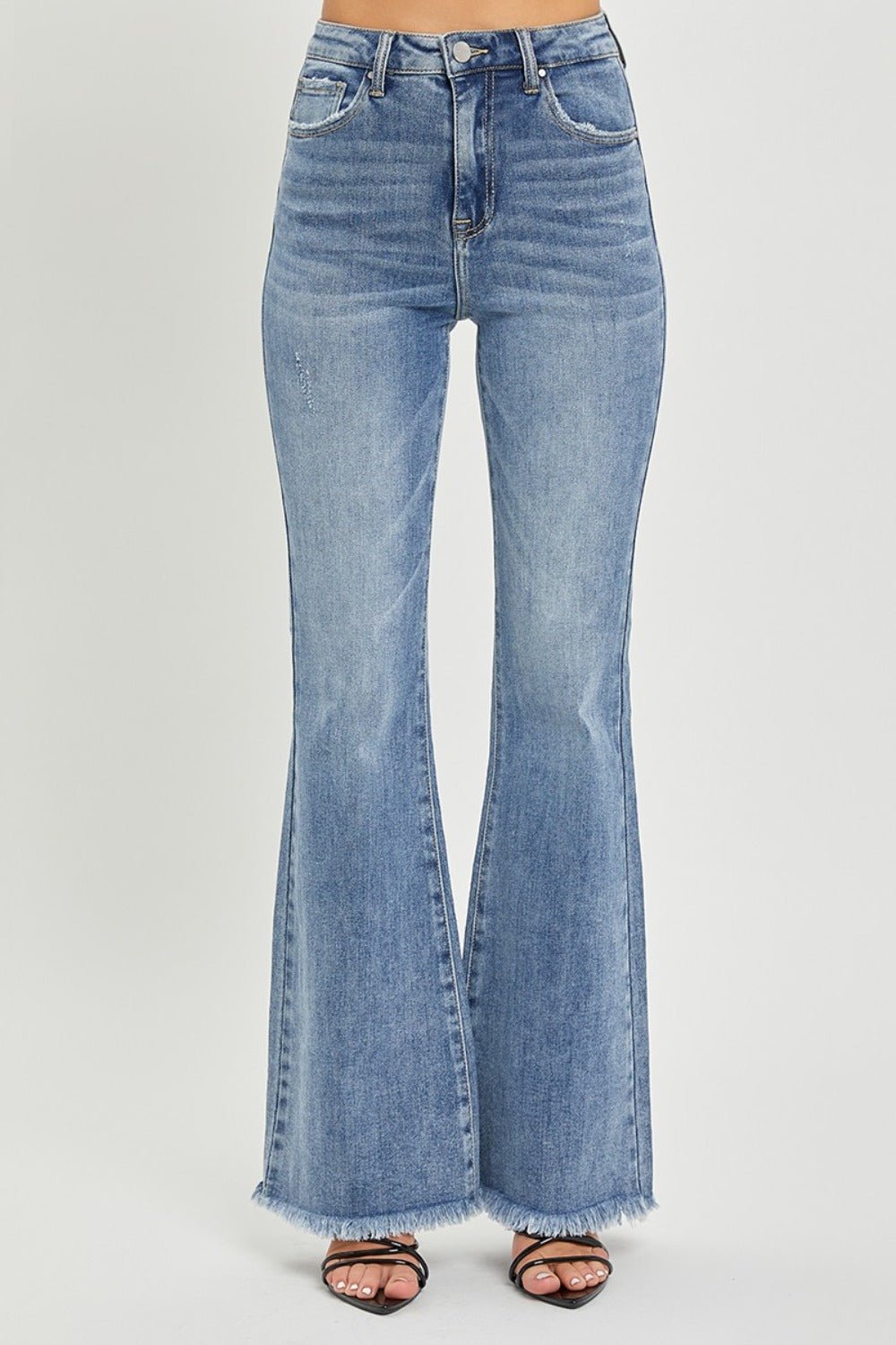 RISEN - Medium Wash High Waist Raw Hem Flare Jeans