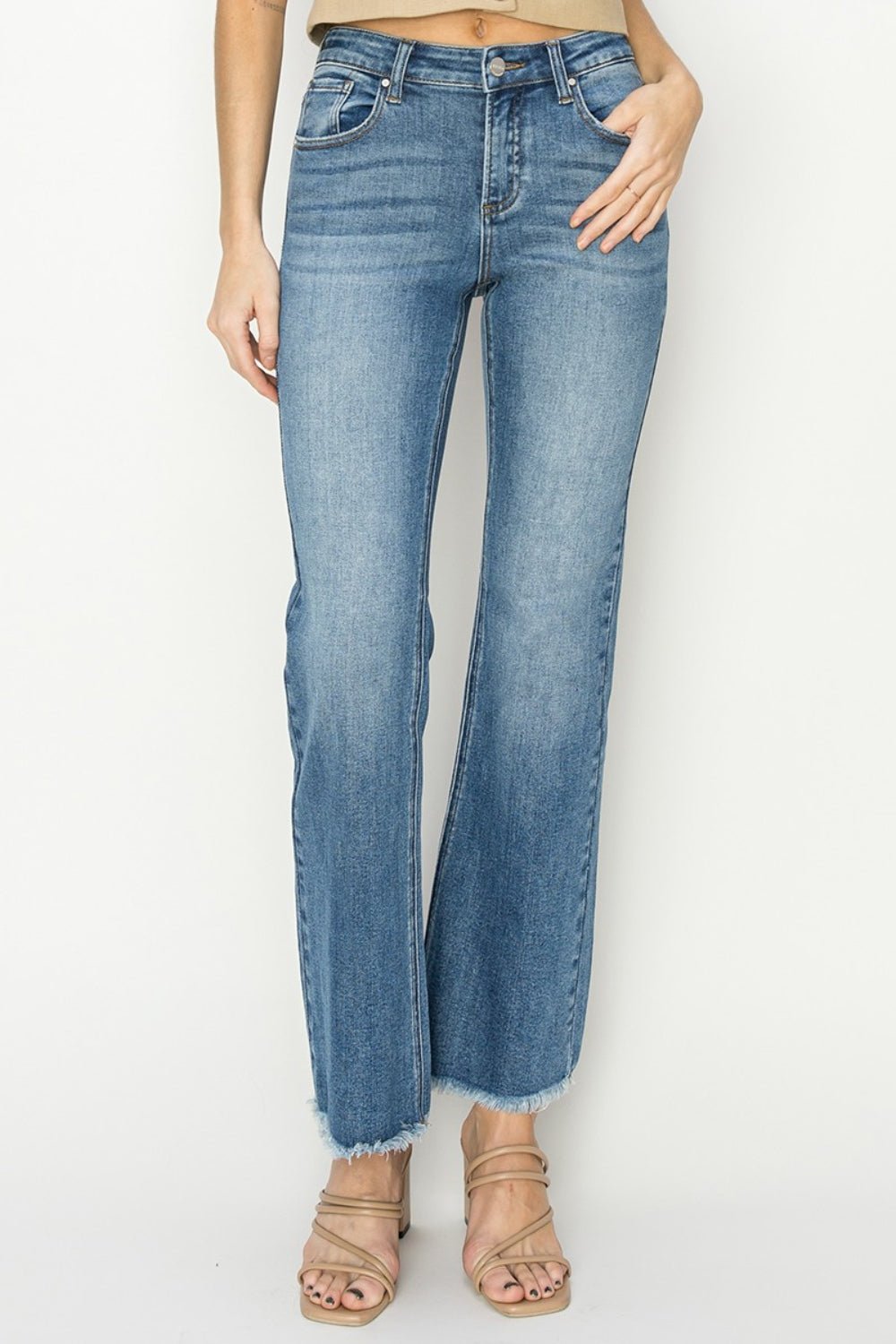 RISEN - Medium Wash Mid - Rise Frayed Hem Bootcut Jeans