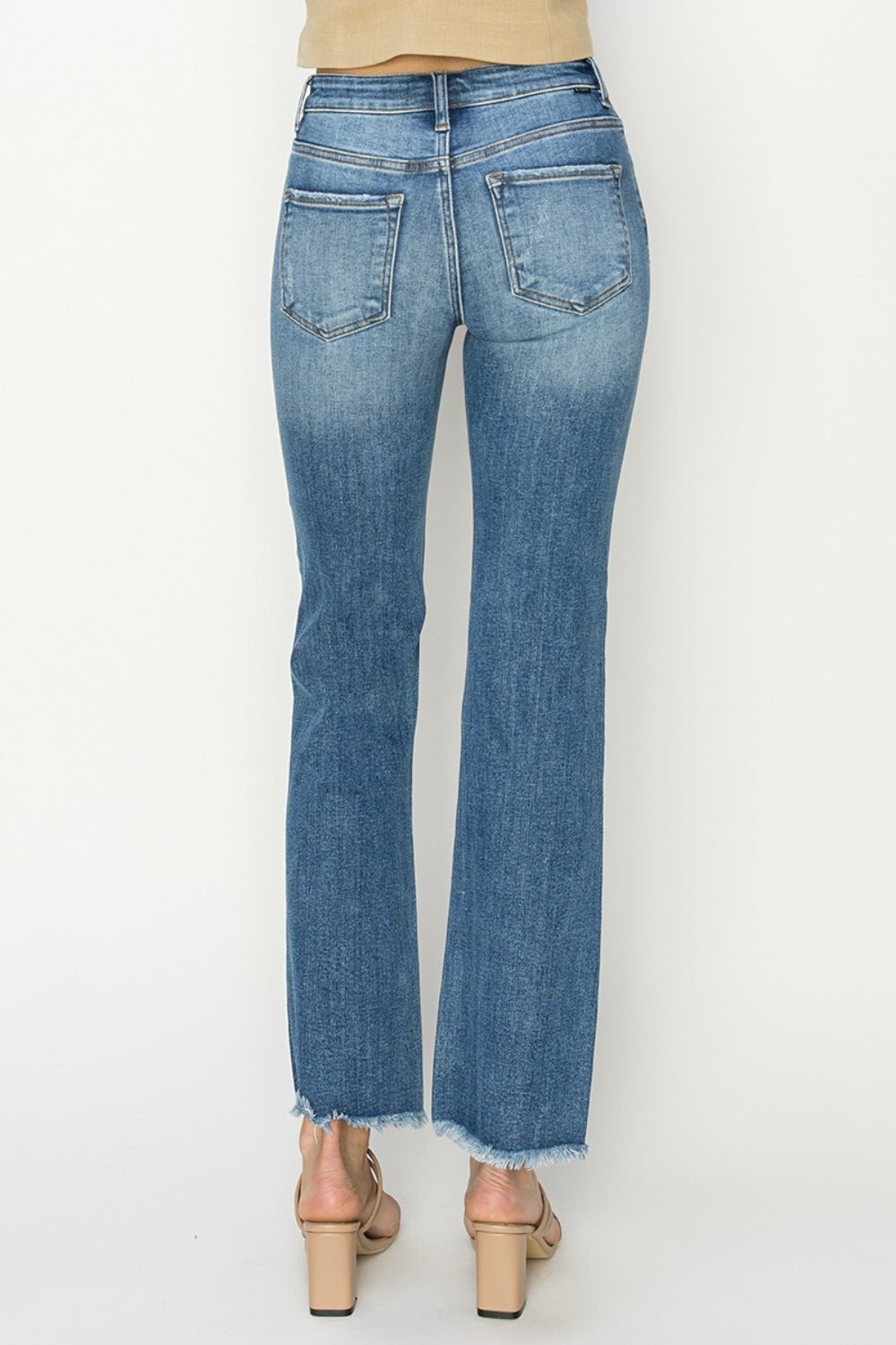 RISEN - Medium Wash Mid - Rise Frayed Hem Bootcut Jeans