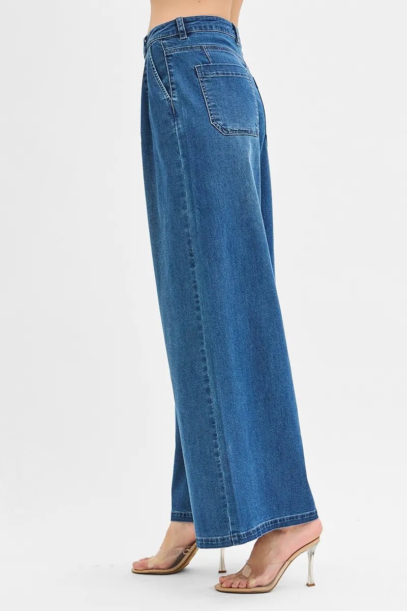 RISEN - Medium Wash Pleated Wide Leg Jeans