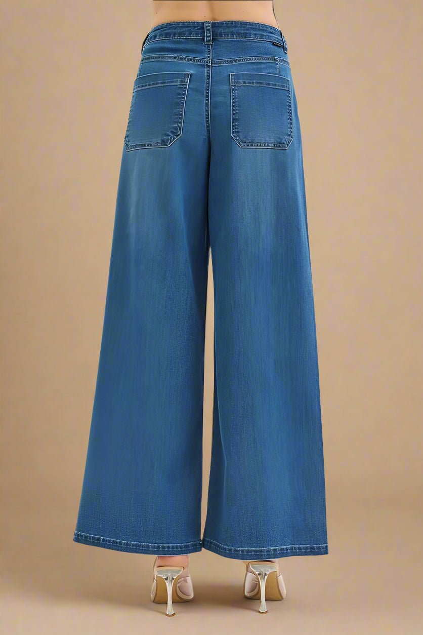 RISEN - Medium Wash Pleated Wide Leg Jeans