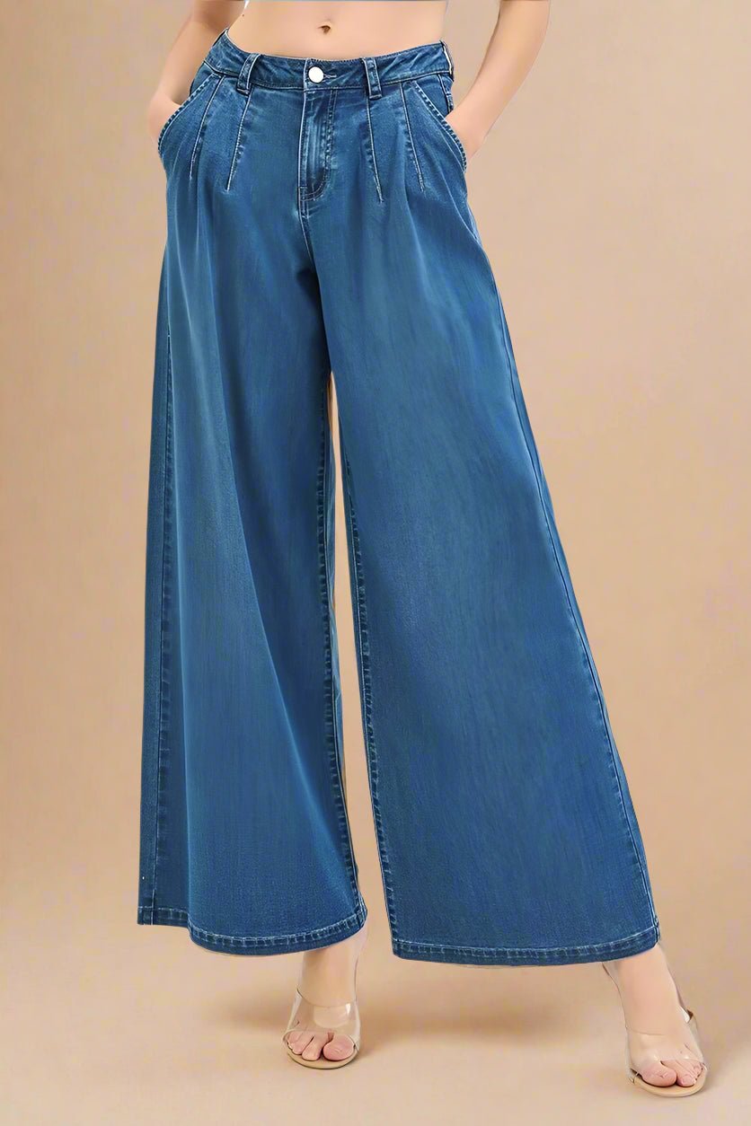 RISEN - Medium Wash Pleated Wide Leg Jeans