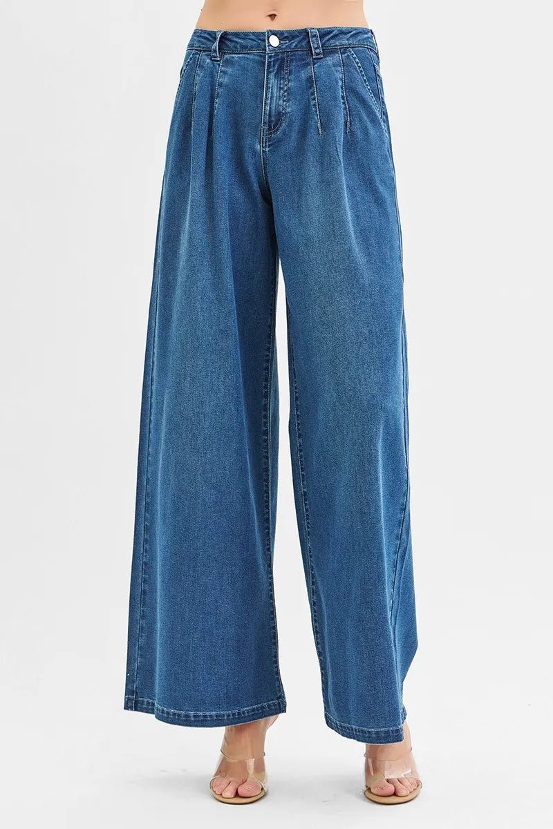 RISEN - Medium Wash Pleated Wide Leg Jeans