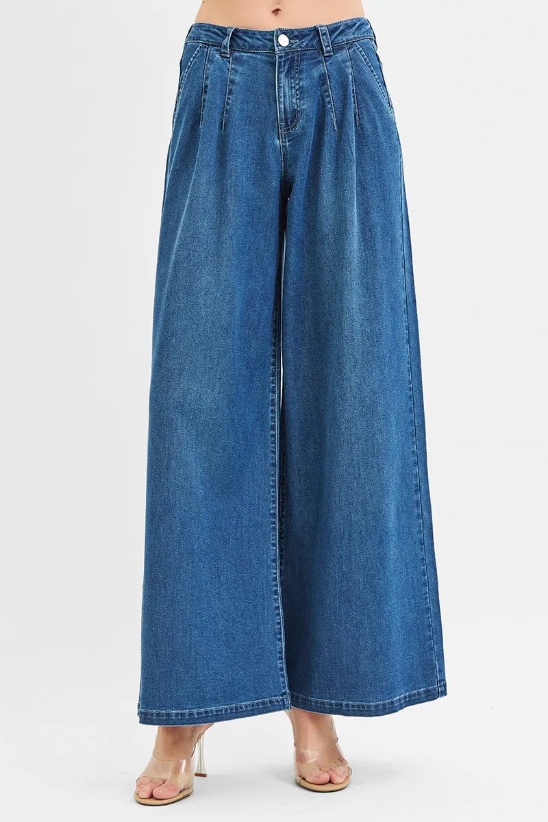 RISEN - Medium Wash Pleated Wide Leg Jeans
