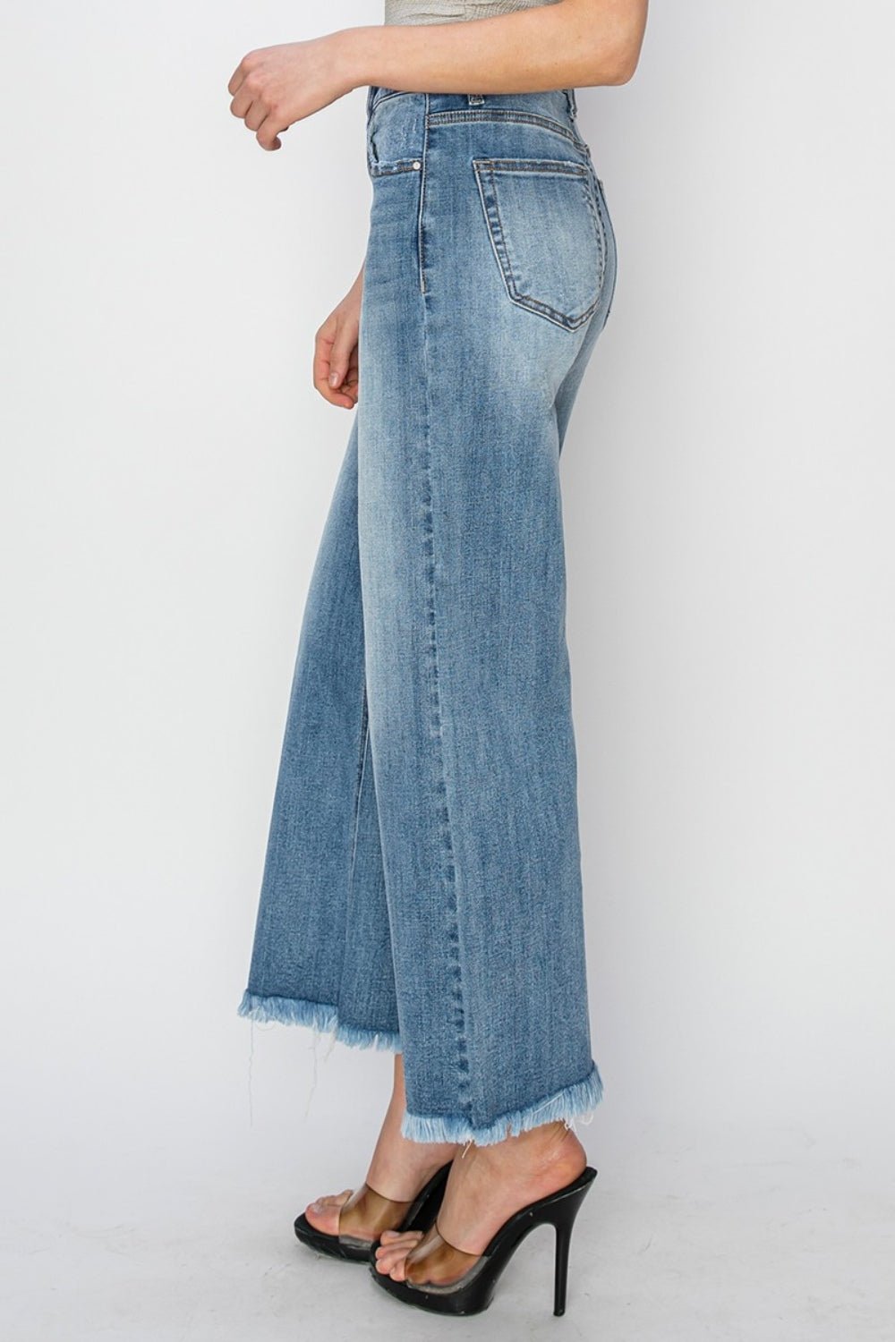 RISEN - Medium Wash Raw Hem Cropped Wide Leg Jeans