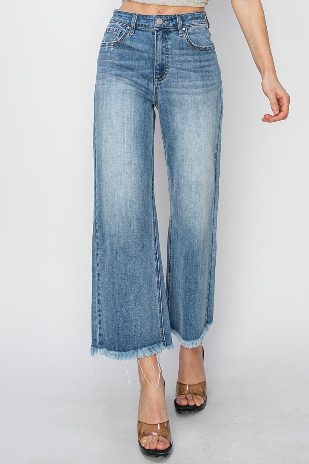 RISEN - Medium Wash Raw Hem Cropped Wide Leg Jeans