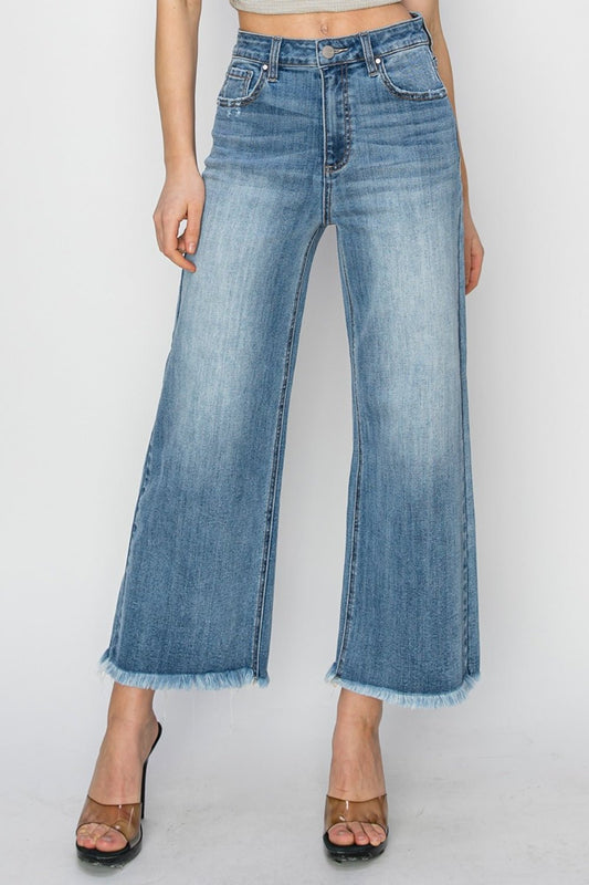 RISEN - Medium Wash Raw Hem Cropped Wide Leg Jeans