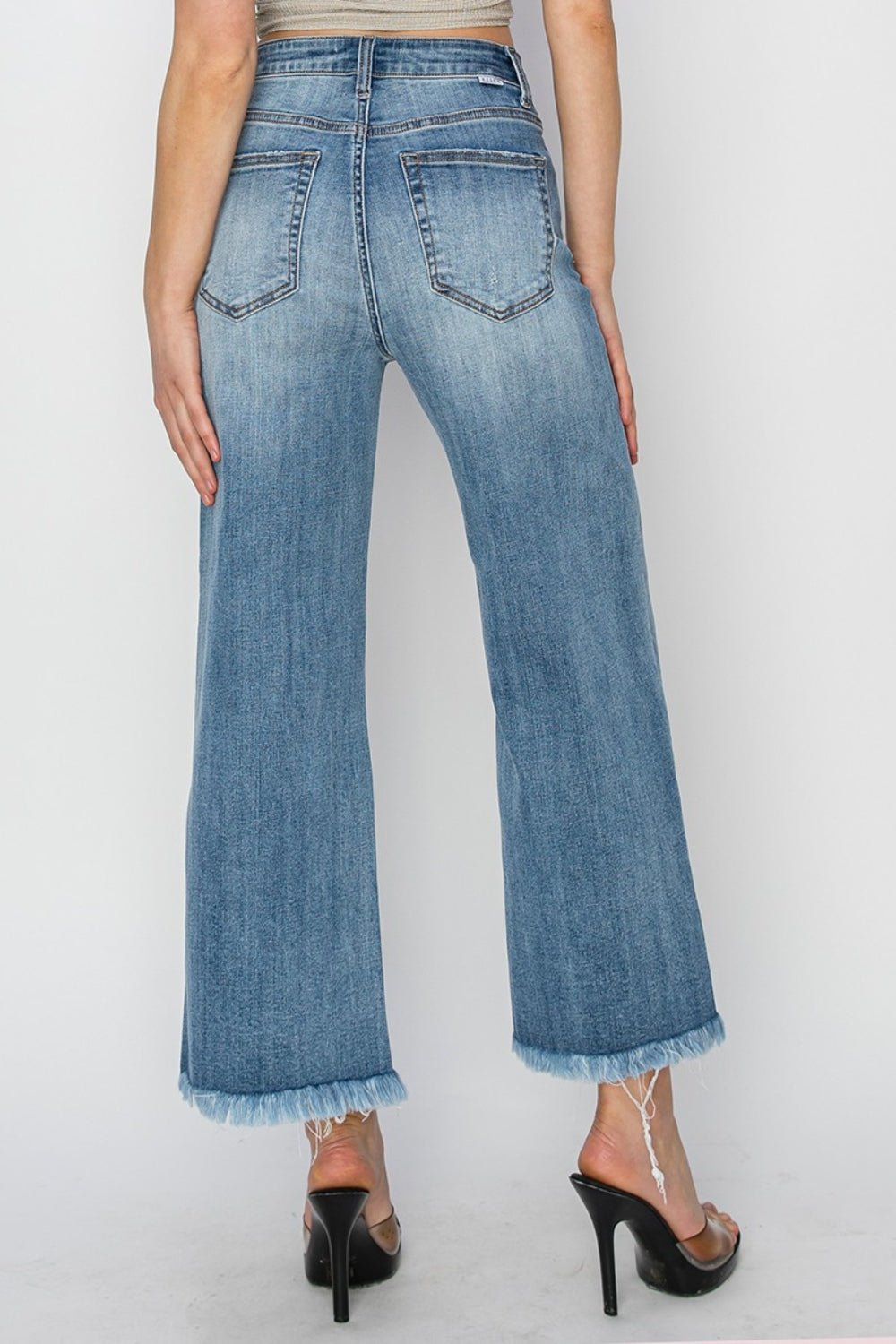 RISEN - Medium Wash Raw Hem Cropped Wide Leg Jeans