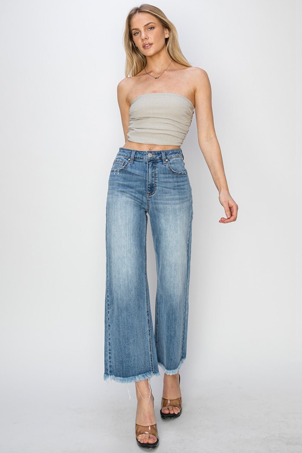 RISEN - Medium Wash Raw Hem Cropped Wide Leg Jeans