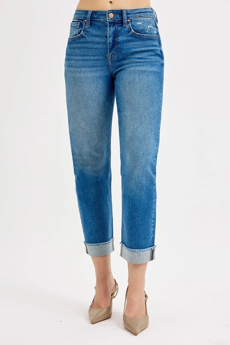 RISEN - Medium Wash Straight Leg Cuffed Jeans