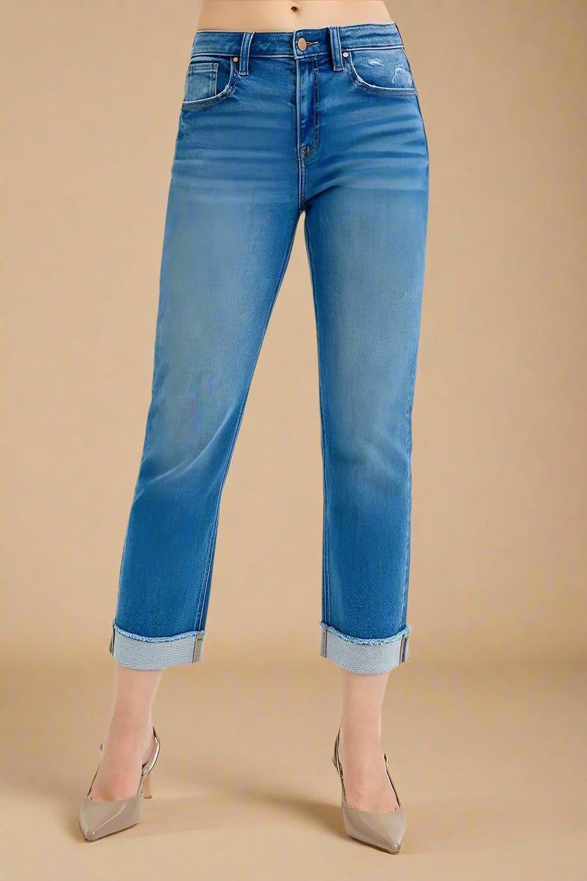 RISEN - Medium Wash Straight Leg Cuffed Jeans