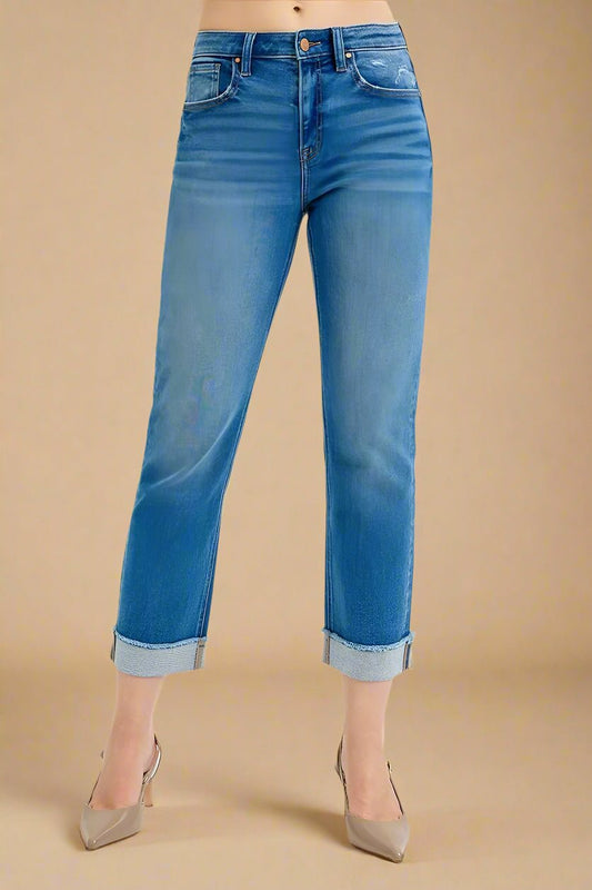 RISEN - Medium Wash Straight Leg Cuffed Jeans